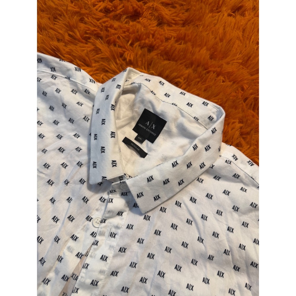 Armani Exchange Mens XXL Regular Fit White Navy AIX Logo Print Button Down Shirt - Picture 2 of 2